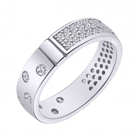 Серебряное кольцо двустороннее родированное в белых фианитах