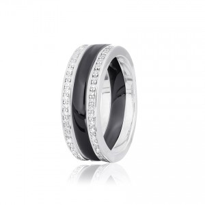 Серебряное кольцо с фианитами и черной керамикой (КК2ФК/1004)