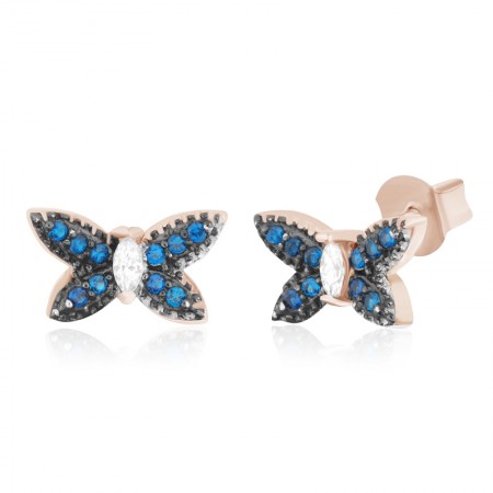 Серебряные серьги в позолоте с синими фианитами и 'Бабочки'