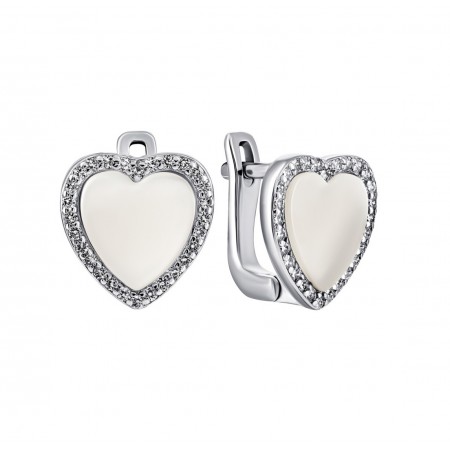 Срібні сережки Серця з фіанітами та перламутром