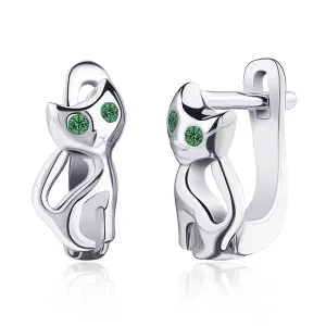 Срібні сережки кішки з зеленими фіанітами