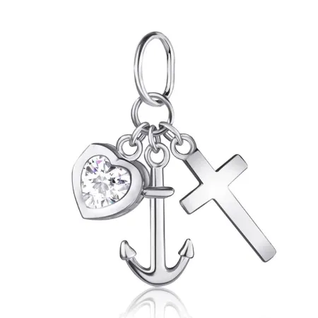 Срібна підвіска серце з фіанітом, якір та хрестик